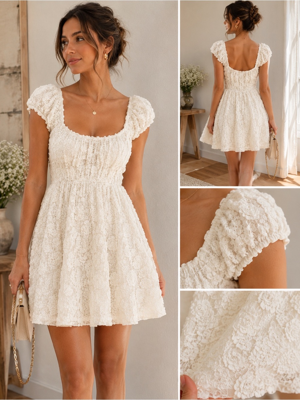 Lelis Collection Ivory Rosette Lace Mini Dress Romantic Coquette